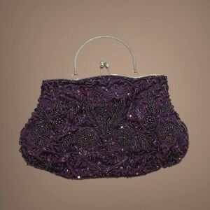 Beautiful Purple Beaded Clutch Purse/Bag with silver metal detail, Satin, Small